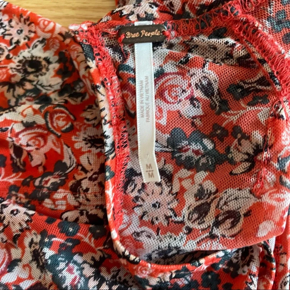 Free People All Dolled Up Mesh Orange Florals Long Sleeve Top Size S